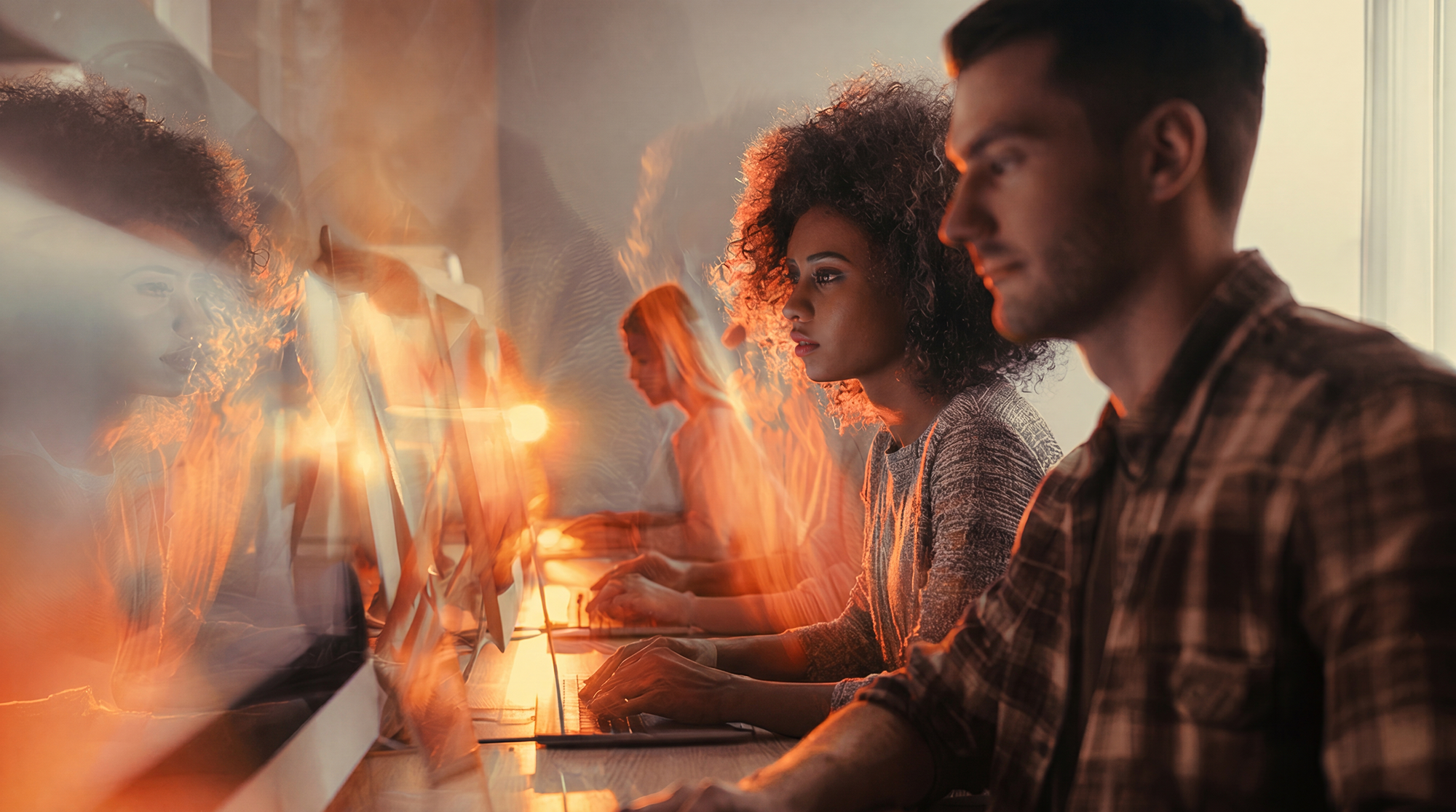 Team working with AI in a warm, high-energy studio