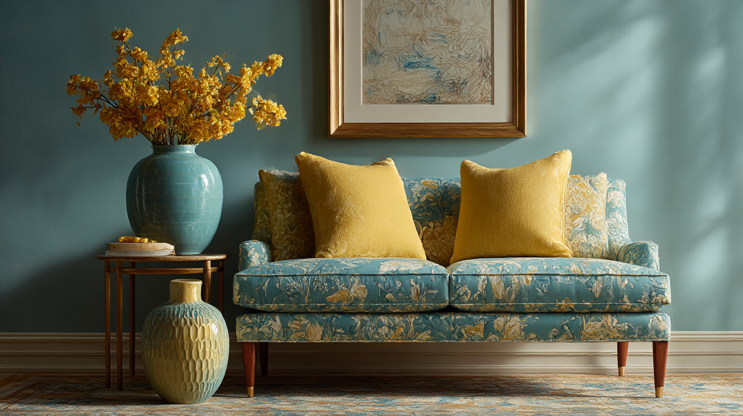 Premium AI product visual — floral sofa in a styled interior scene