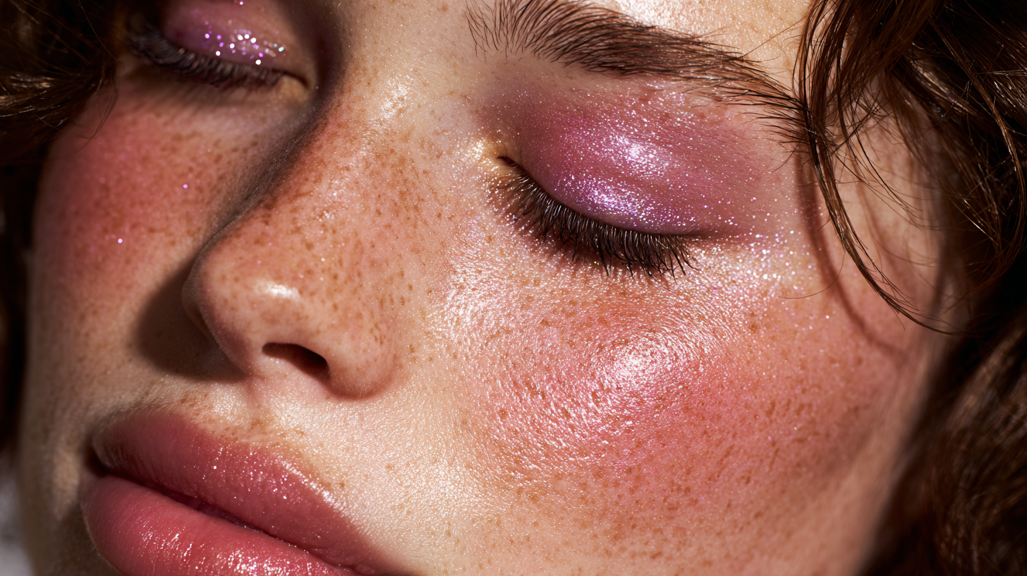 Premium AI beauty visual — close-up of a model with shimmering makeup