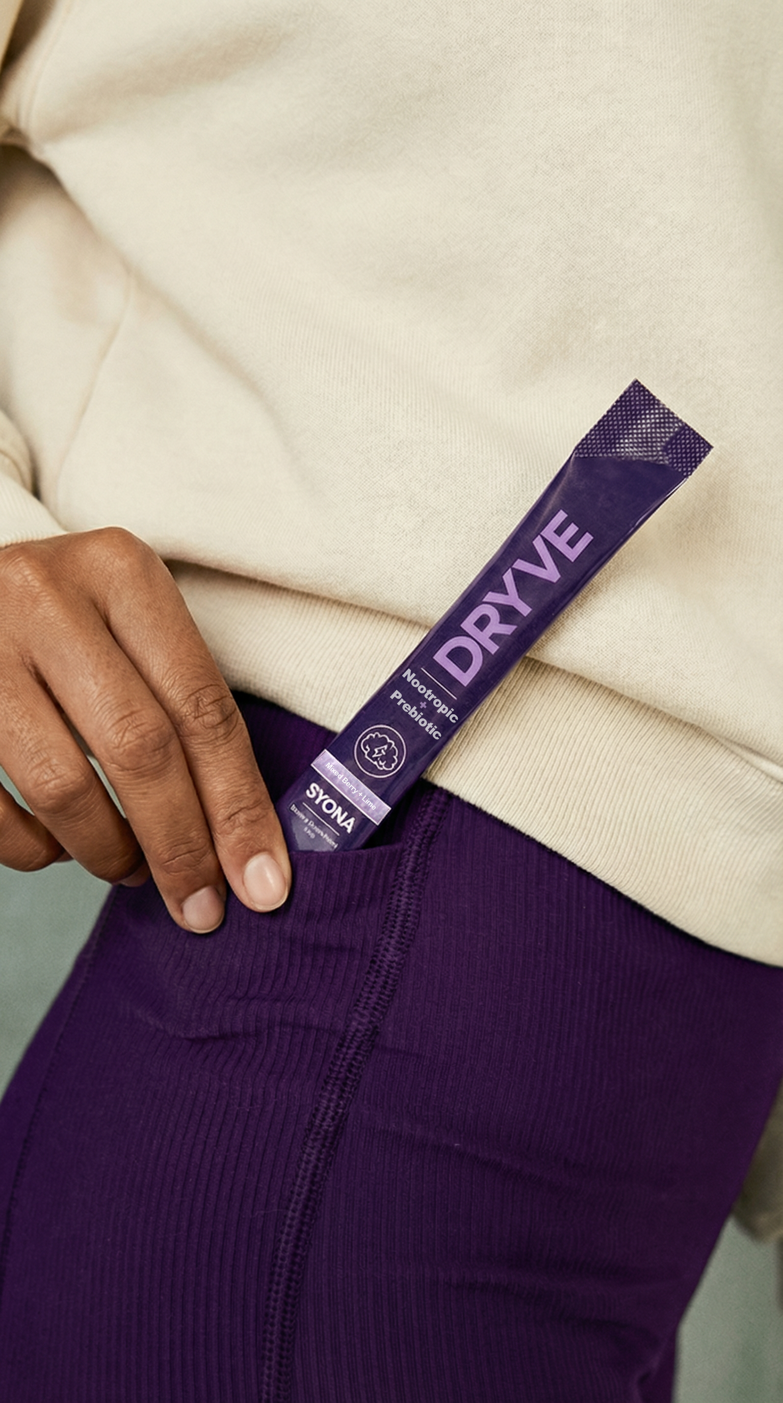 After — premium lifestyle visual of the Dryve packet in a corduroy pocket