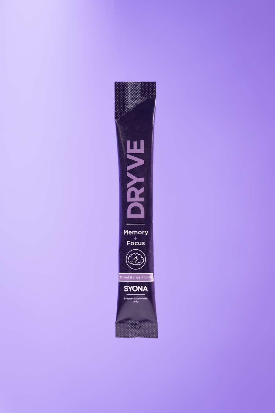 Before — flat product photo of a Dryve packet on purple