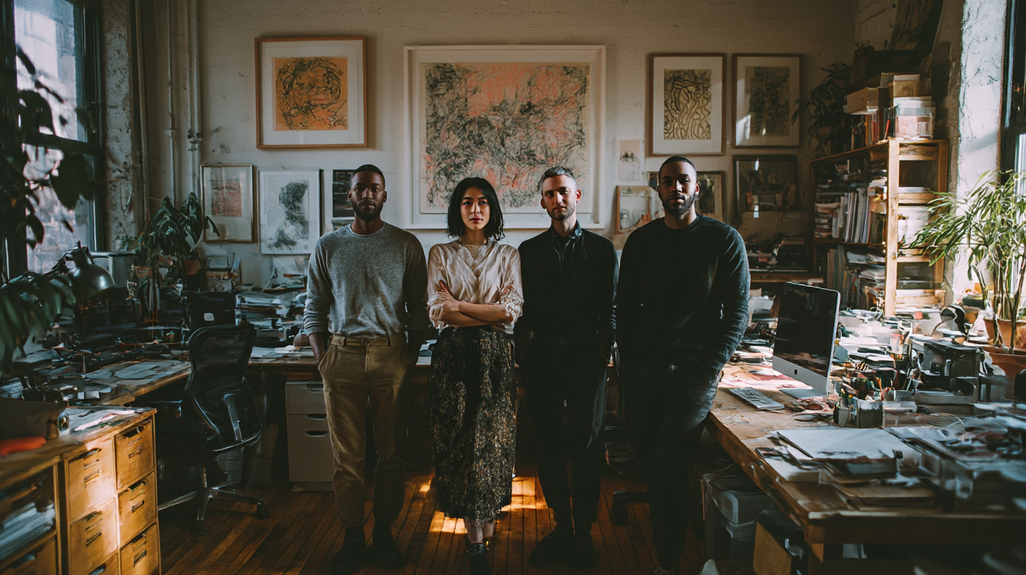 Creative team standing in their sunlit studio