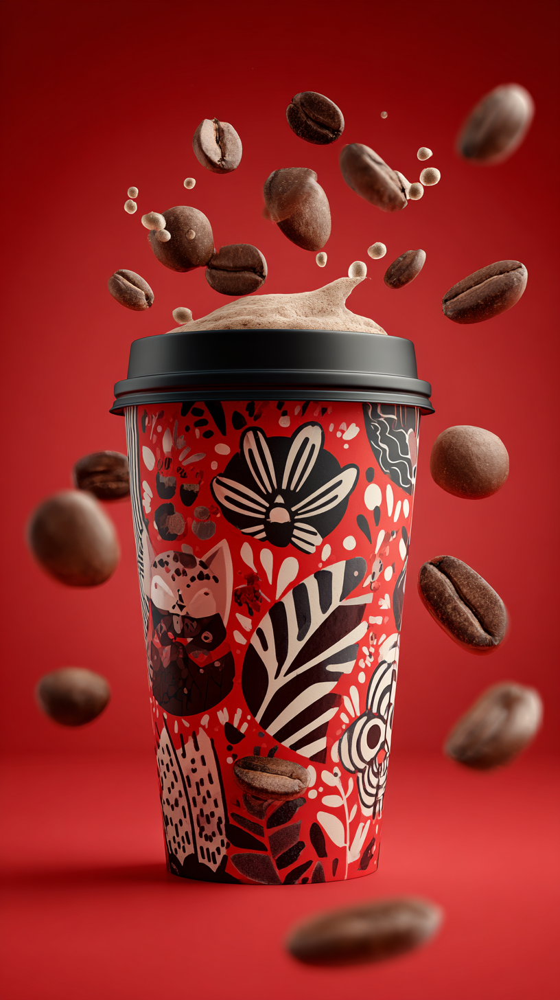 Branded coffee cup with flying beans