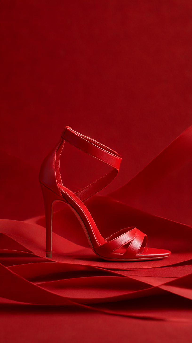 Red strappy heel on flowing red fabric