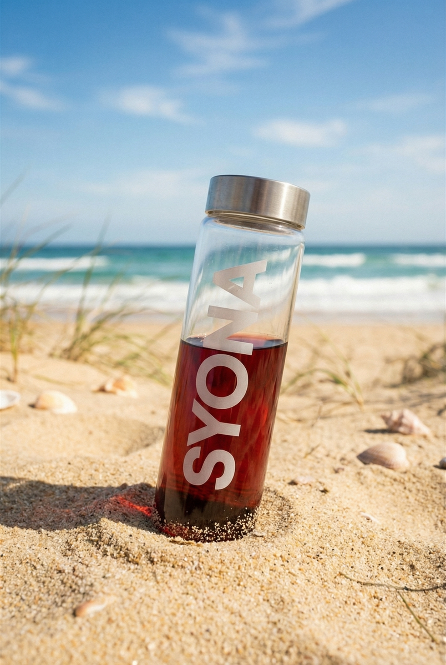 After — premium beach visual of the Syona bottle in the sand