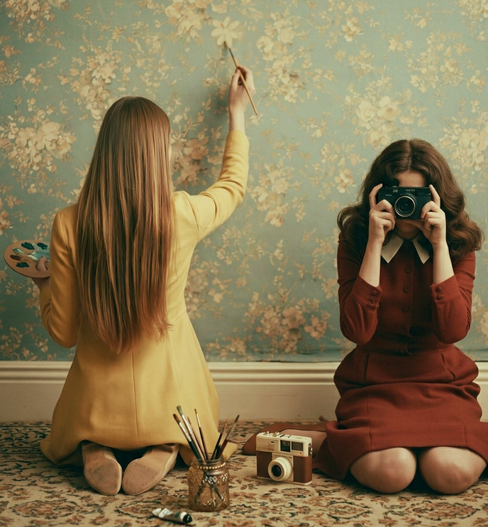 Jessica and Julie painting and photographing a floral wall