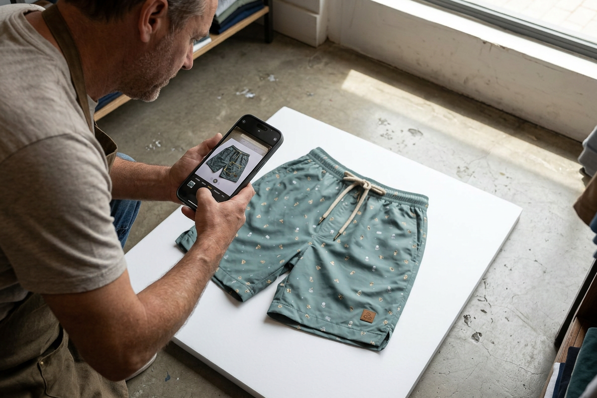 A shop owner photographs a product with a phone to send to YATA